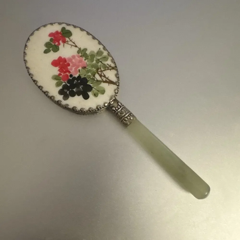 Mid Century Cottagecore Floral Hand Mirror Satin Glass Lucite Vanity Mirror 50s